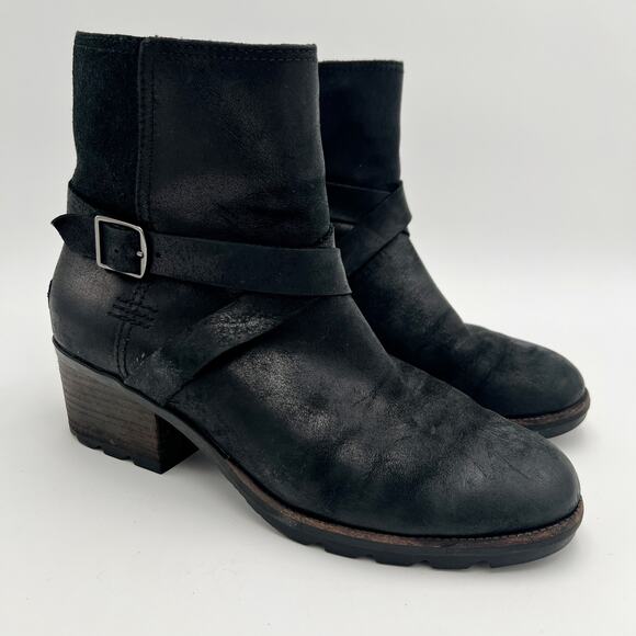 Sorel Cate Buckle Boot Womens 9 Black Burnished Leather Ankle Strap Waterproof - Picture 1 of 10